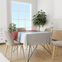 Football tablecloth with half red grunge and blue center stripes on light grey