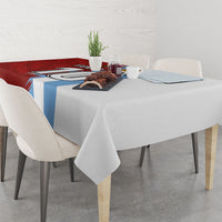 Red and blue grunge football tablecloth with grey right half and draped corner edge