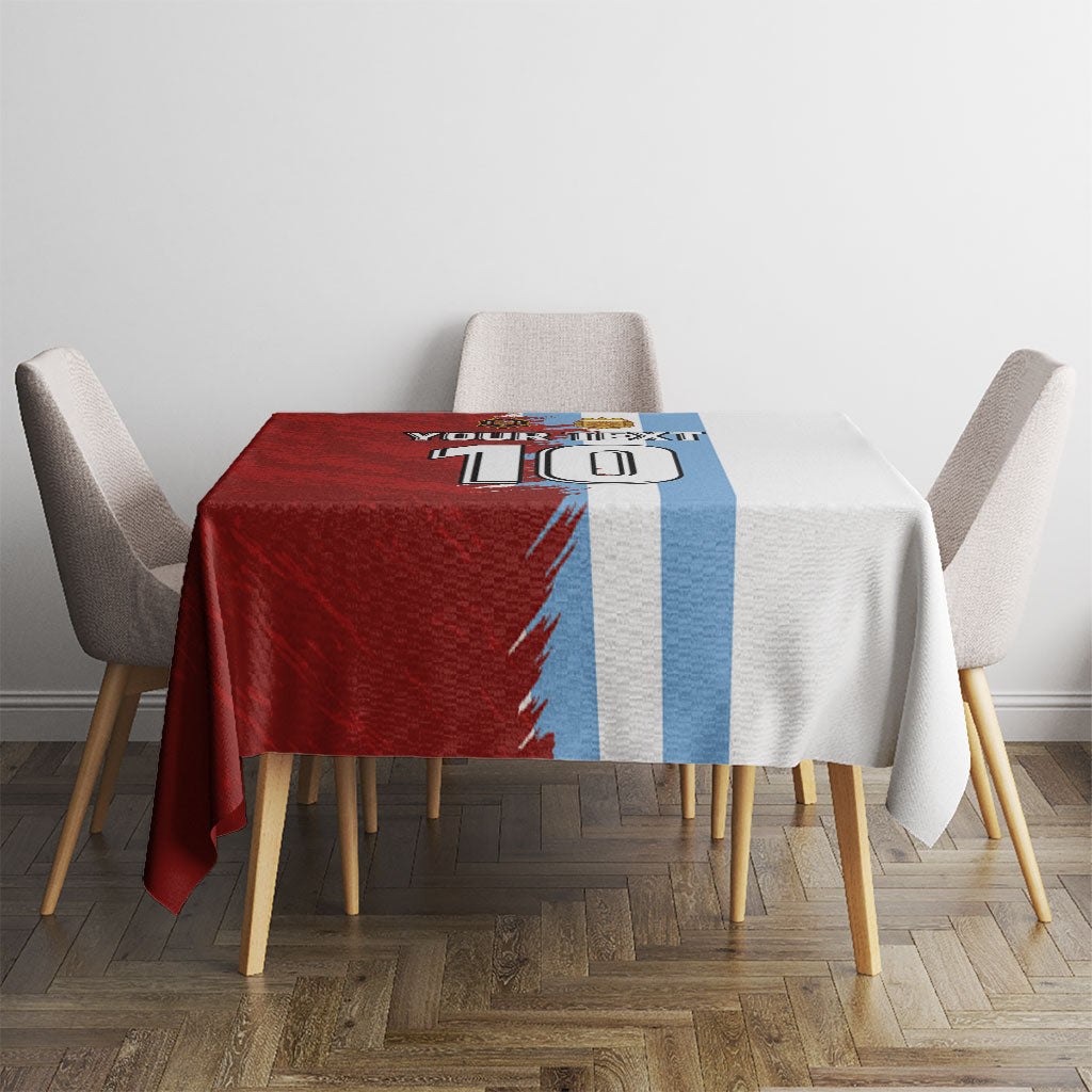 Grunge football tablecloth with half red panel and vertical blue stripe on grey