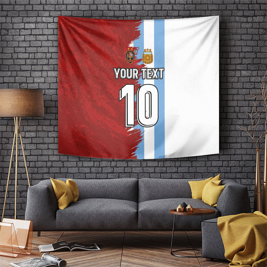Wall hanging tapestry with red and white halves, vertical blue stripe, "10" and crest