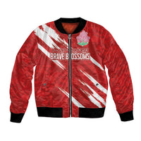 Red satin bomber jacket with white diagonal stripes, front zip, ribbed cuffs and hem.