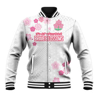 White baseball jacket with pink floral print, snap front, striped ribbed collar and cuffs.