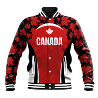 Red baseball jacket with maple leaf pattern, button-front and ribbed striped collar