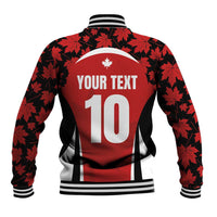 Red baseball jacket with maple leaf pattern, back graphic reading YOUR TEXT 10