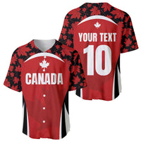 Two red maple-leaf baseball jerseys: CANADA front and YOUR TEXT 10 back, white trim
