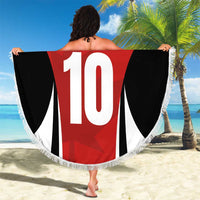 Fringed round beach blanket held like a wrap, red/black jersey graphic, YOUR TEXT 10
