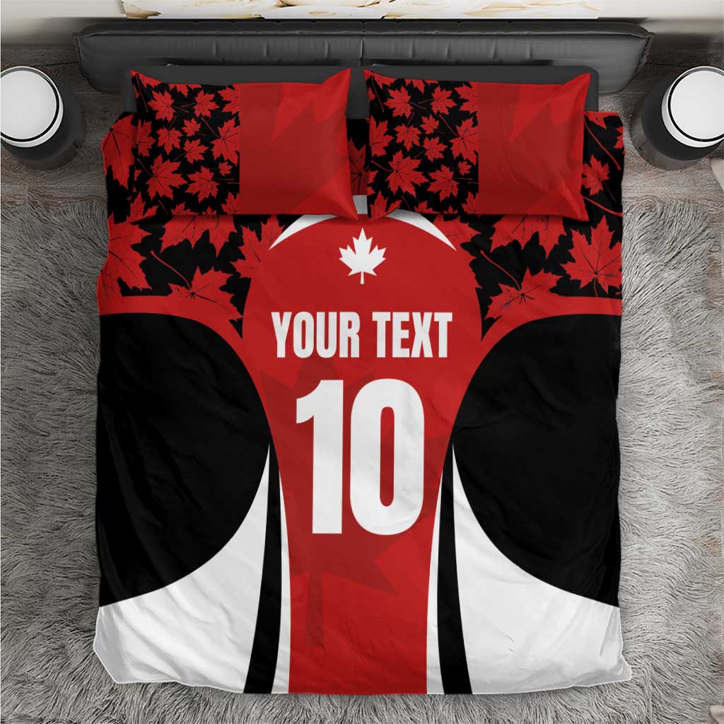 Red and black bedding set with maple leaf pattern, number 10 and 'YOUR TEXT'.