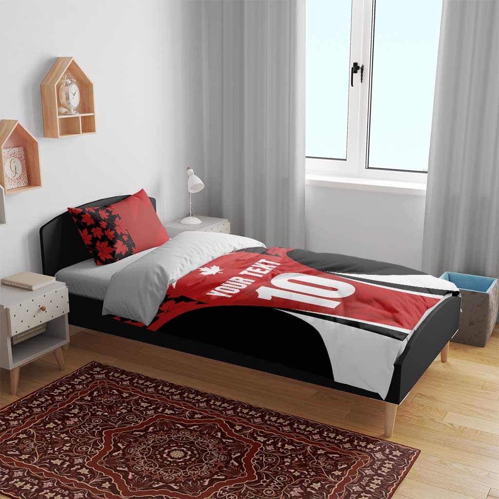 Red and black custom bedding set with maple leaves, 'YOUR TEXT' and number 10 design.