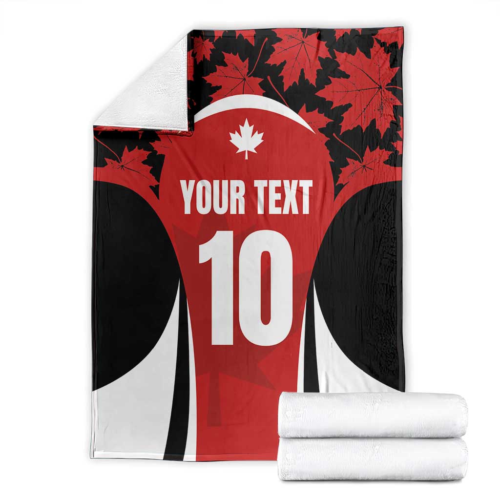 Red maple leaf rugby jersey blanket with black and white side stripes and number 10