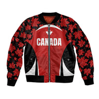 Red and black maple leaf bomber jacket with full-zip front, Canada logo, ribbed cuffs