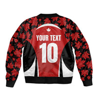 Red and black maple leaf bomber jacket back with YOUR TEXT, number 10, ribbed hem