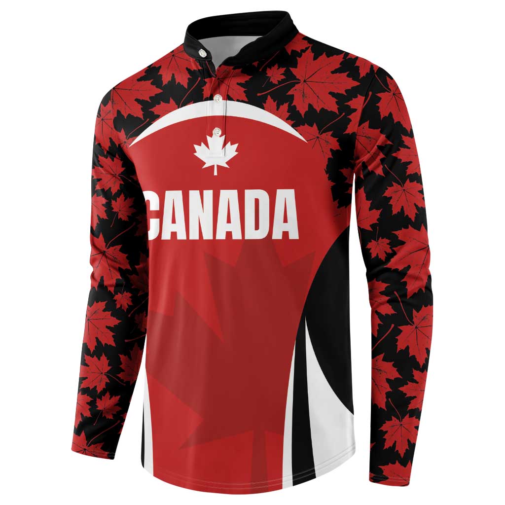 Red button rugby sweatshirt with Canada lettering and black maple leaf sleeve pattern