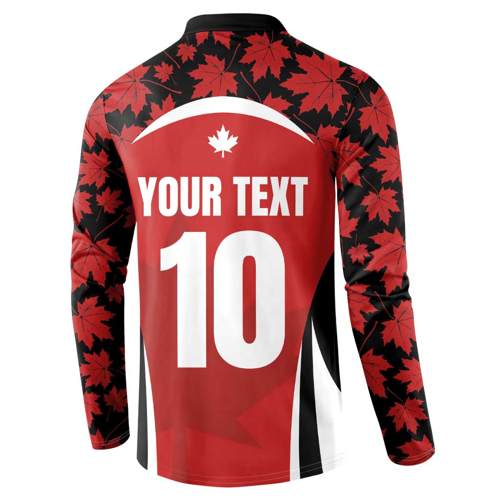 Red button rugby sweatshirt with black maple leaf pattern, back YOUR TEXT and number 10