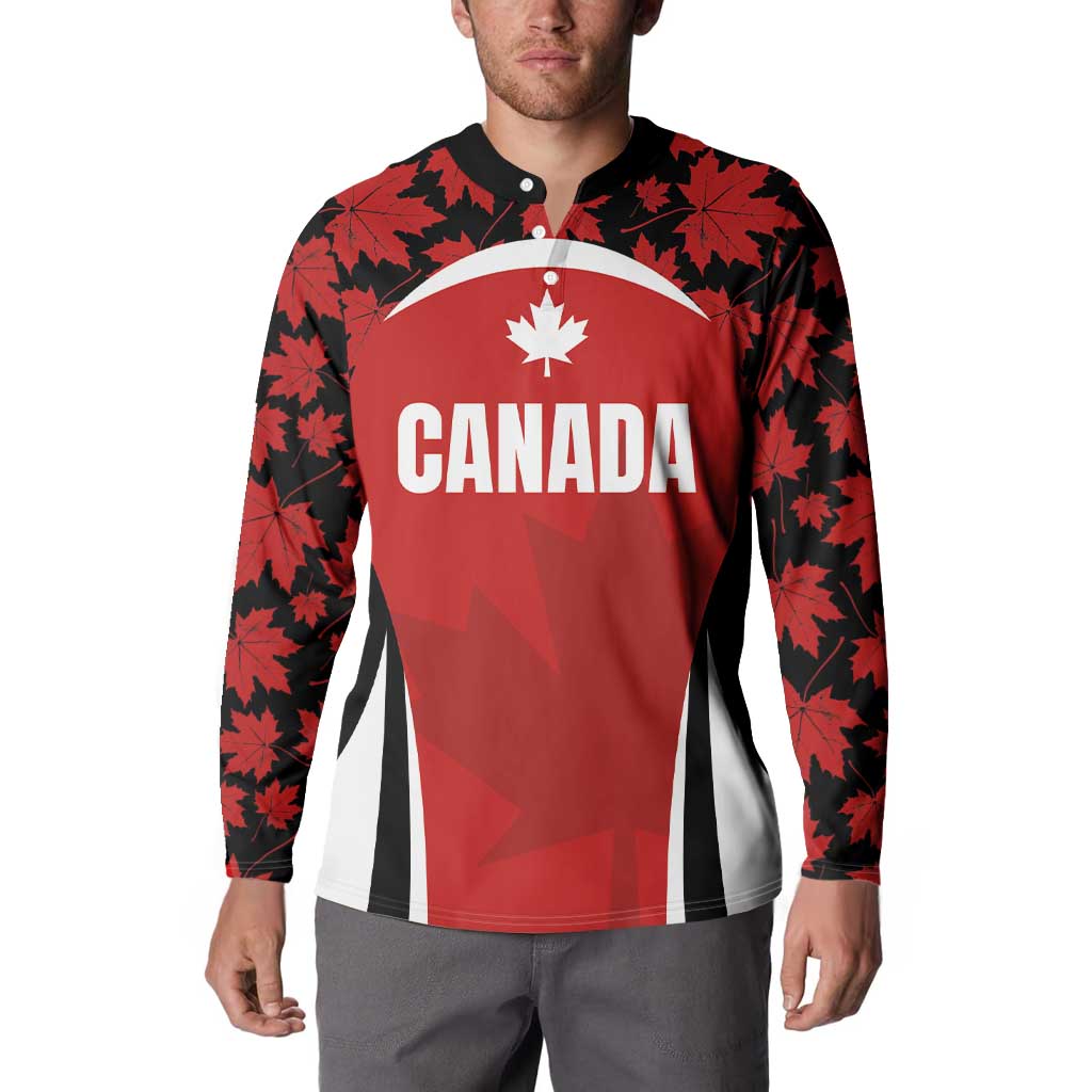Red button rugby sweatshirt with Canada graphic, black maple leaf sleeves and front panel