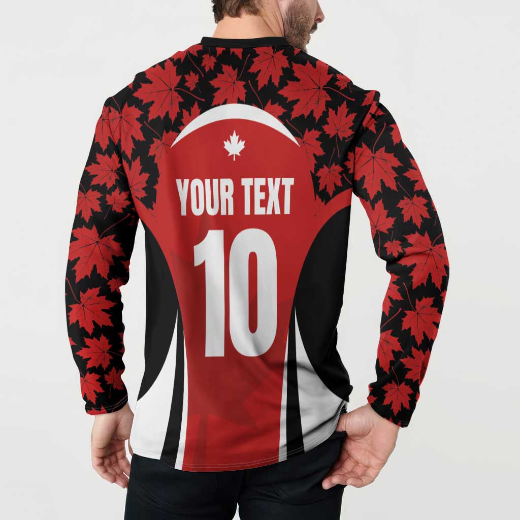 Red button rugby sweatshirt back view with YOUR TEXT 10, black maple leaf pattern