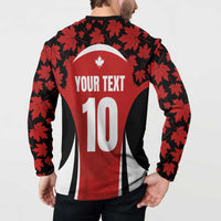 Red button rugby sweatshirt back view with YOUR TEXT 10, black maple leaf pattern