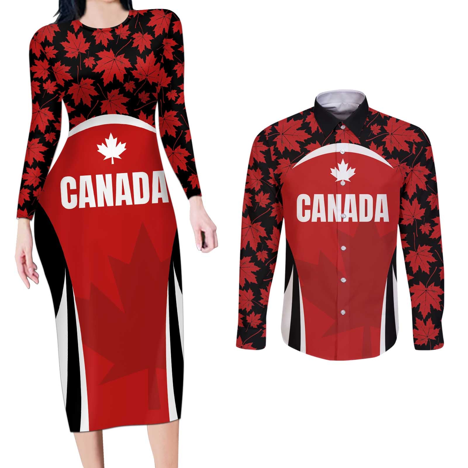 Custom Canada Pacific Rugby 2024 Couples Matching Long Sleeve Bodycon Dress and Long Sleeve Button Shirt Maple Pattern Jersey - Wonder Print Shop