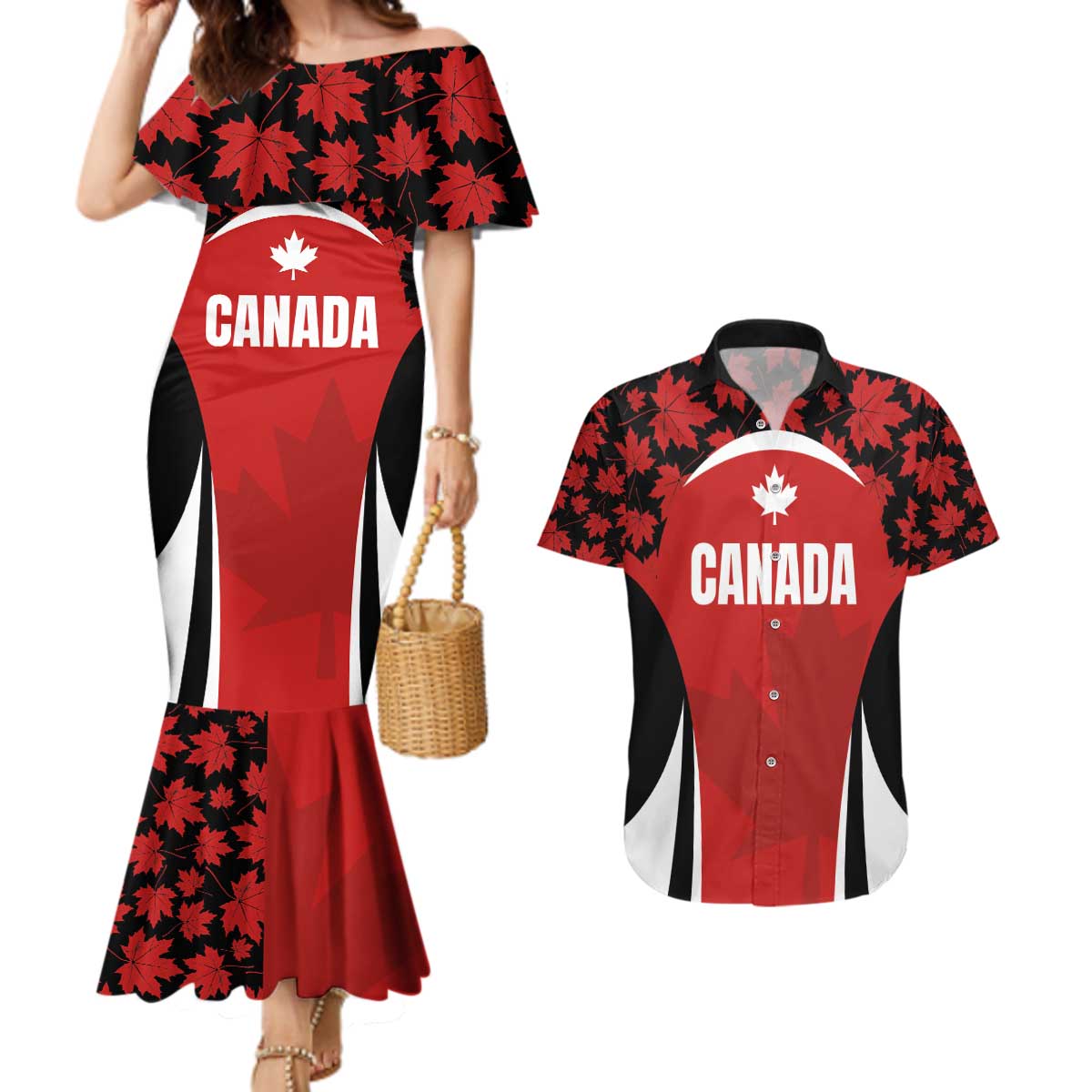 Custom Canada Pacific Rugby 2024 Couples Matching Mermaid Dress and Hawaiian Shirt Maple Pattern Jersey - Wonder Print Shop