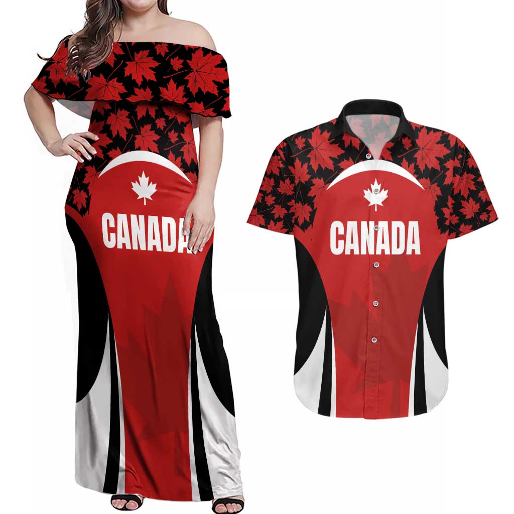 Custom Canada Pacific Rugby 2024 Couples Matching Off Shoulder Maxi Dress and Hawaiian Shirt Maple Pattern Jersey - Wonder Print Shop