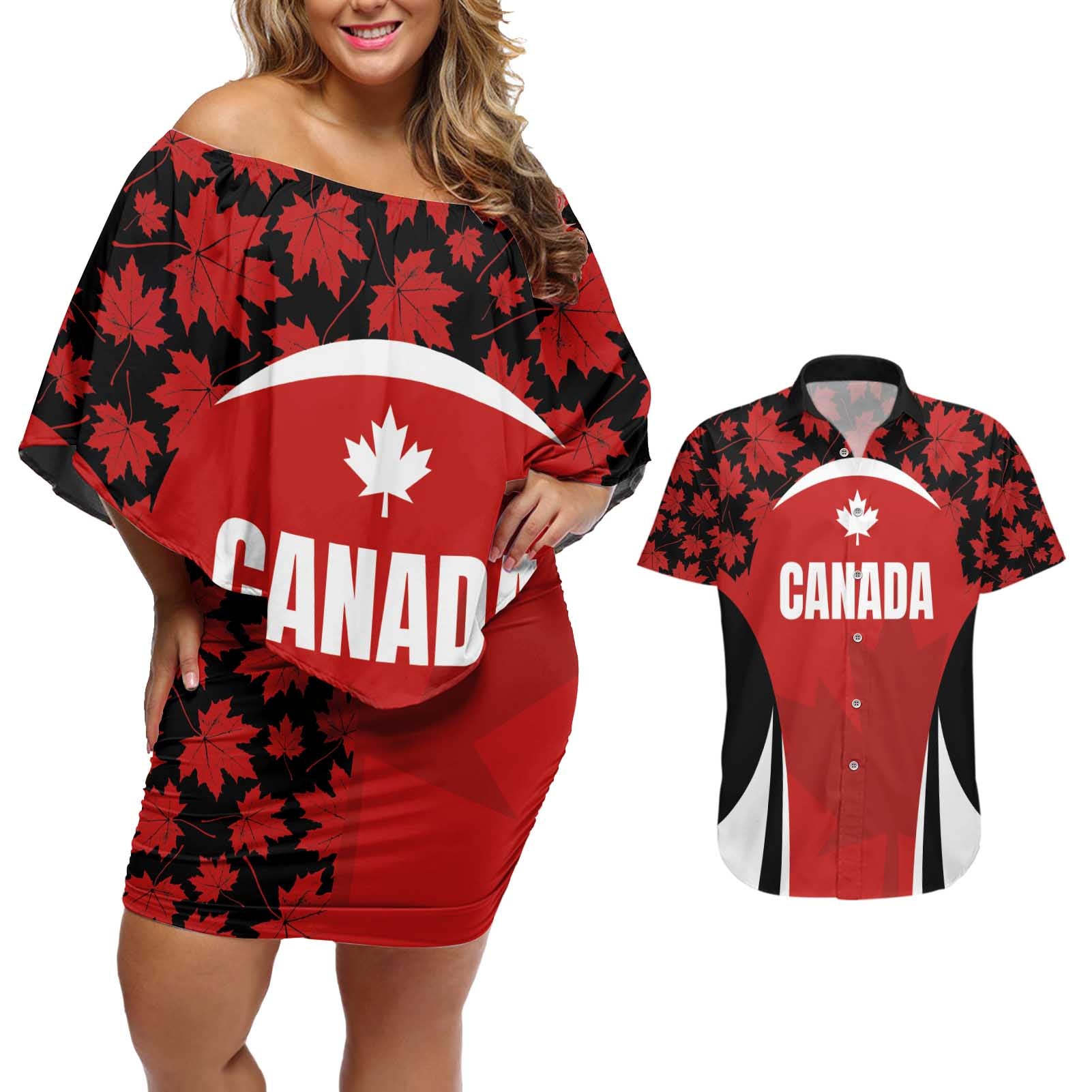 Custom Canada Pacific Rugby 2024 Couples Matching Off Shoulder Short Dress and Hawaiian Shirt Maple Pattern Jersey - Wonder Print Shop