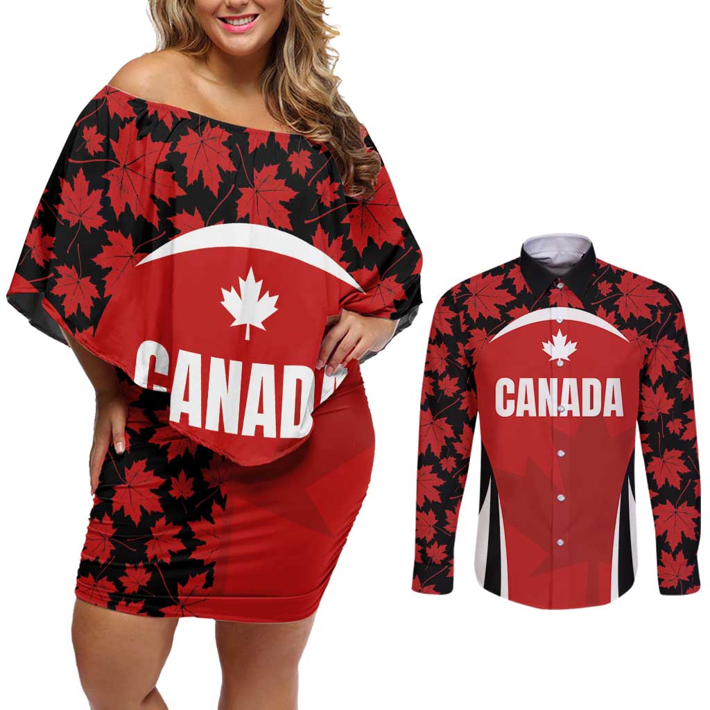 Custom Canada Pacific Rugby 2024 Couples Matching Off Shoulder Short Dress and Long Sleeve Button Shirt Maple Pattern Jersey - Wonder Print Shop