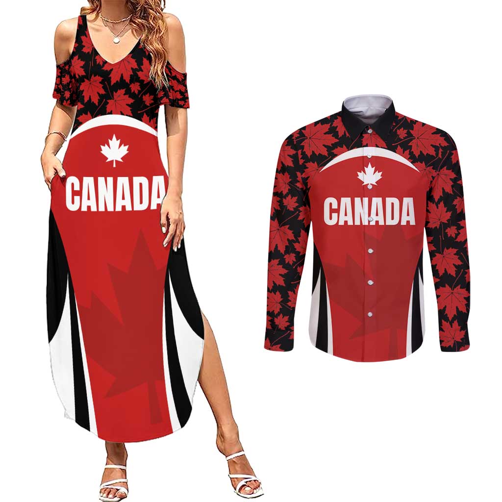 Custom Canada Pacific Rugby 2024 Couples Matching Summer Maxi Dress and Long Sleeve Button Shirt Maple Pattern Jersey - Wonder Print Shop