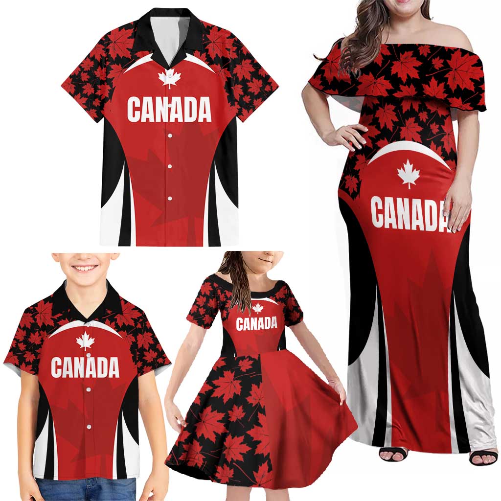 Custom Canada Pacific Rugby 2024 Family Matching Off Shoulder Maxi Dress and Hawaiian Shirt Maple Pattern Jersey - Wonder Print Shop