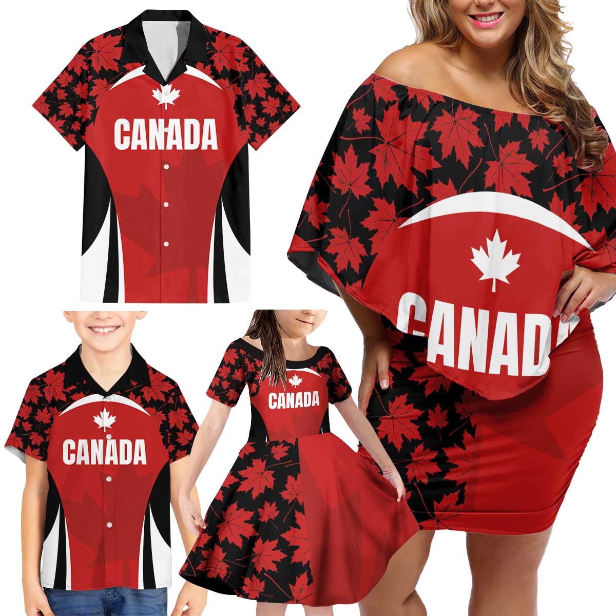 Custom Canada Pacific Rugby 2024 Family Matching Off Shoulder Short Dress and Hawaiian Shirt Maple Pattern Jersey - Wonder Print Shop