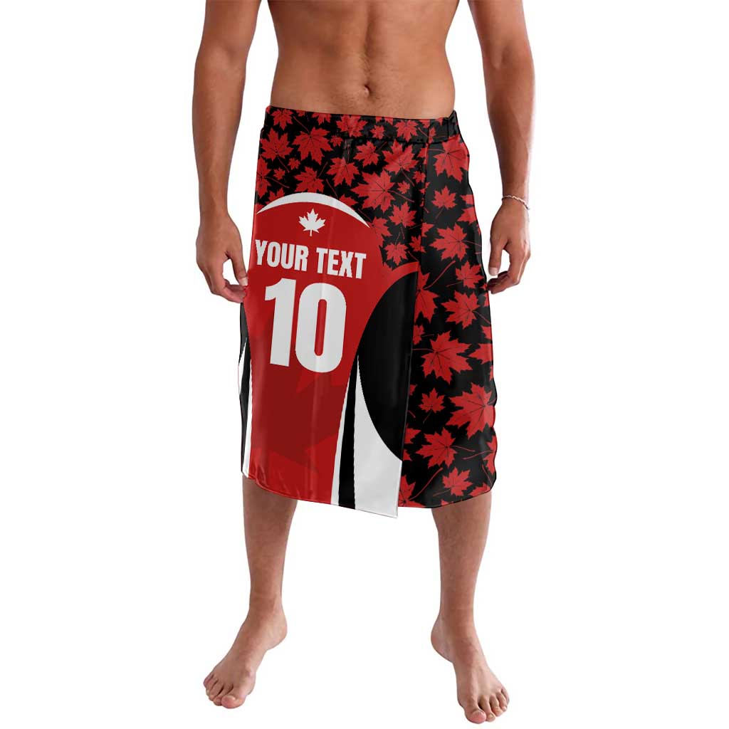 Red and black maple leaf patterned athletic shorts with side panel and number print