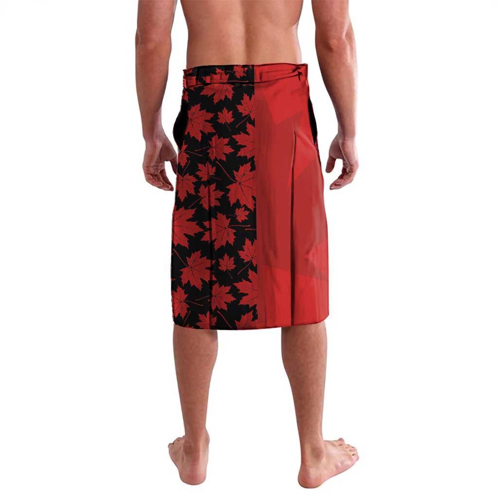 Red and black maple leaf patterned athletic shorts with solid red side panel