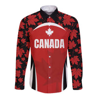 Red and black long-sleeve button rugby shirt with maple leaf pattern and Canada crest