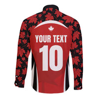 Red and black long-sleeve button rugby shirt with maple leaf pattern, back text and number 10