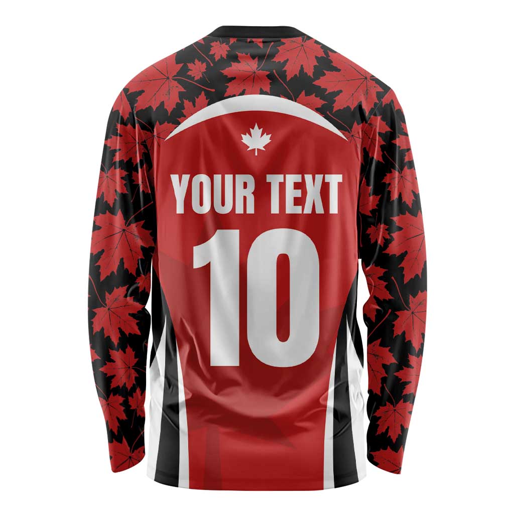 Red long-sleeve rugby jersey back with maple leaf pattern, 'YOUR TEXT 10' print