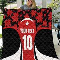 Red, black and white Canada-themed quilt blanket with maple leaves, custom text and number 10