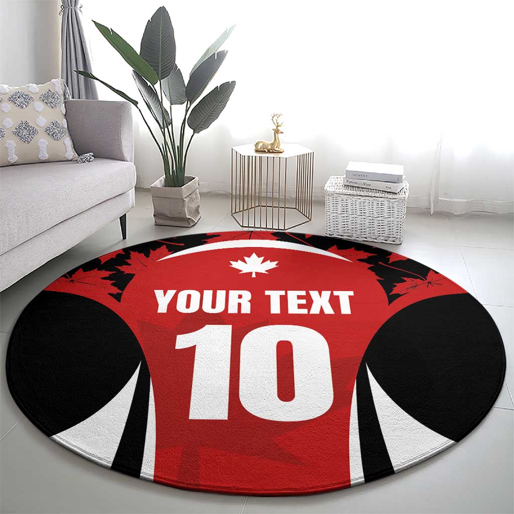 Round red rugby jersey rug with maple leaf crest, 'YOUR TEXT' and number 10