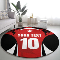 Round red rugby jersey rug with maple leaf crest, 'YOUR TEXT' and number 10