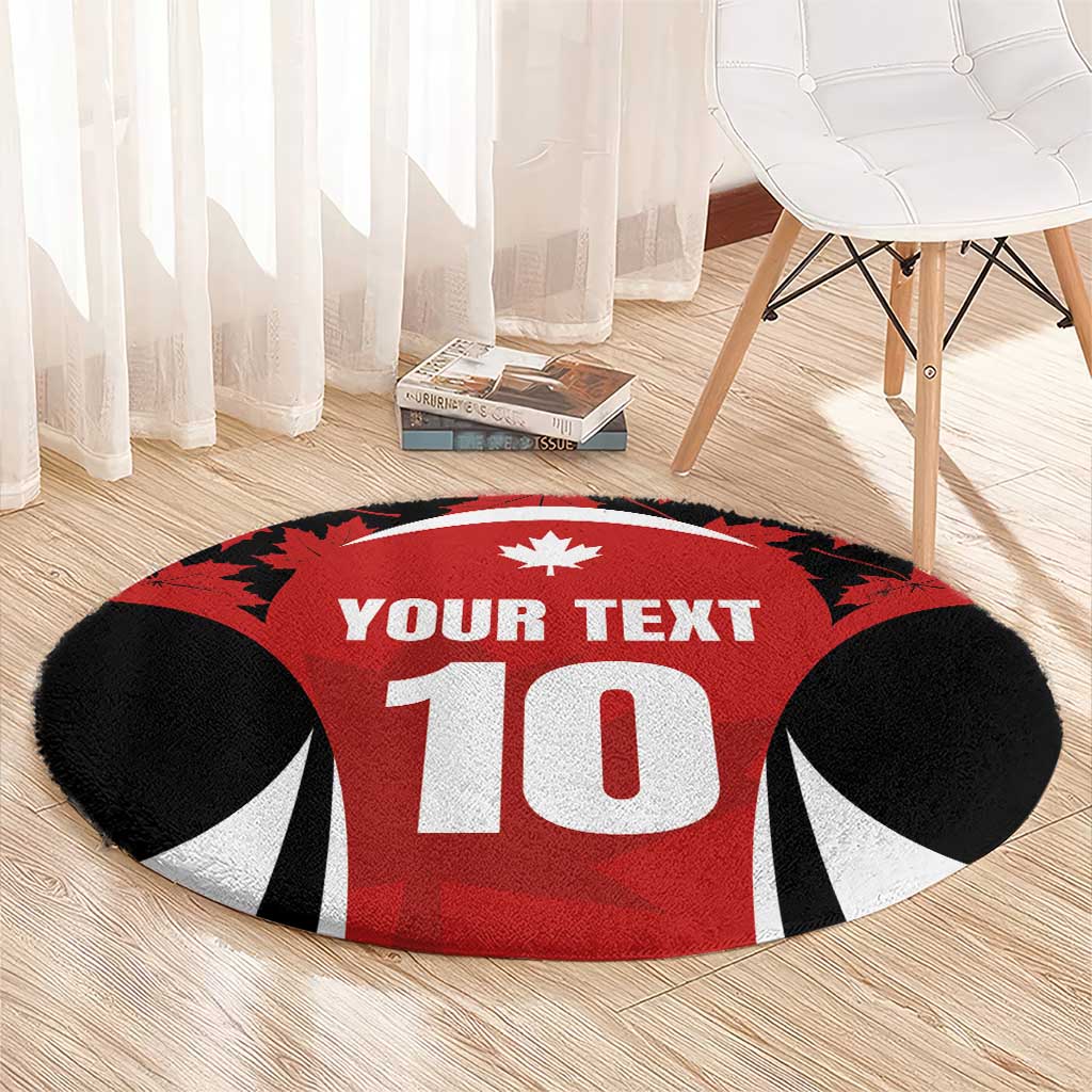 Round red, black, and white rug with maple leaf, 'YOUR TEXT' and 10 jersey design