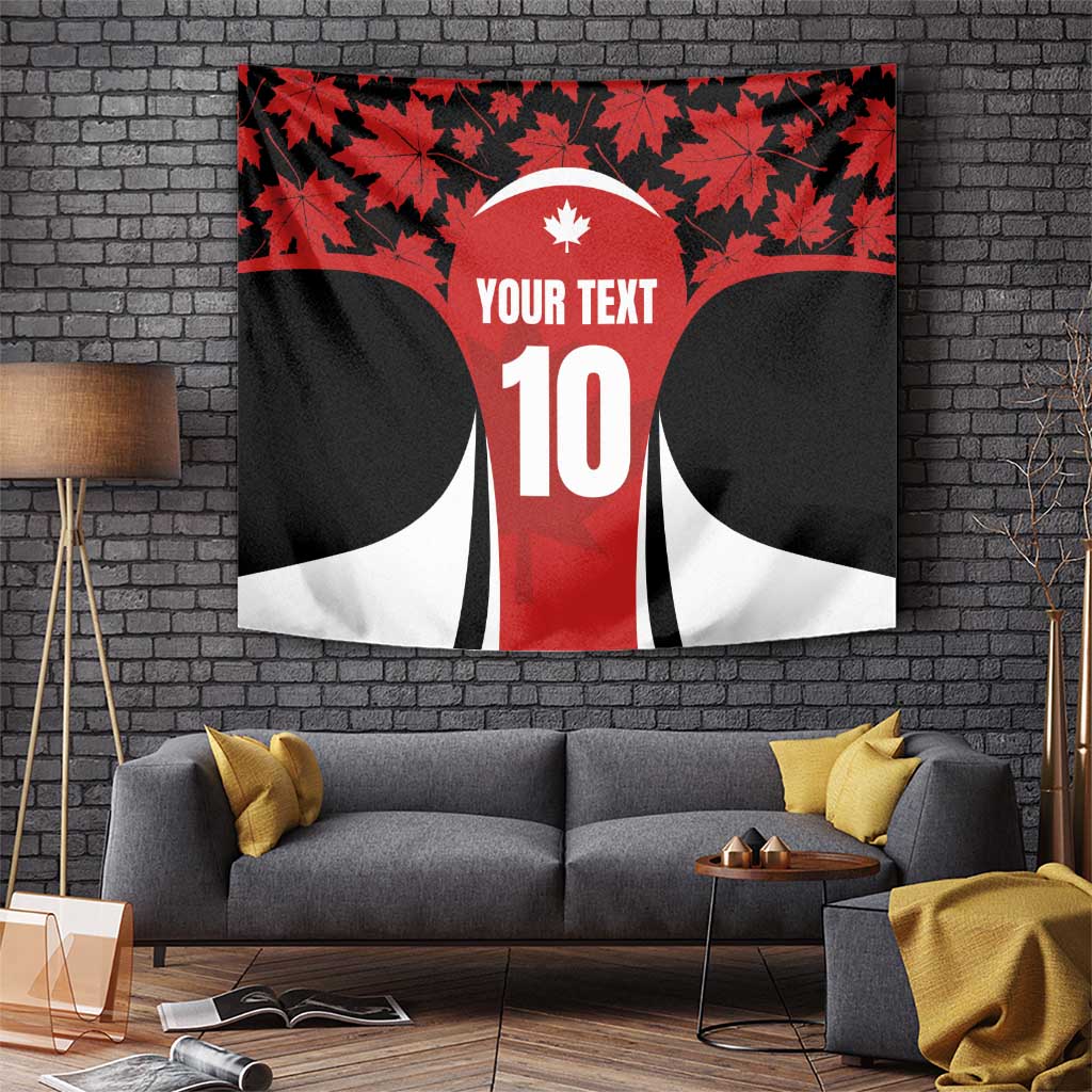 Red maple leaf rugby jersey tapestry with black sides, 'Your Text' and number 10
