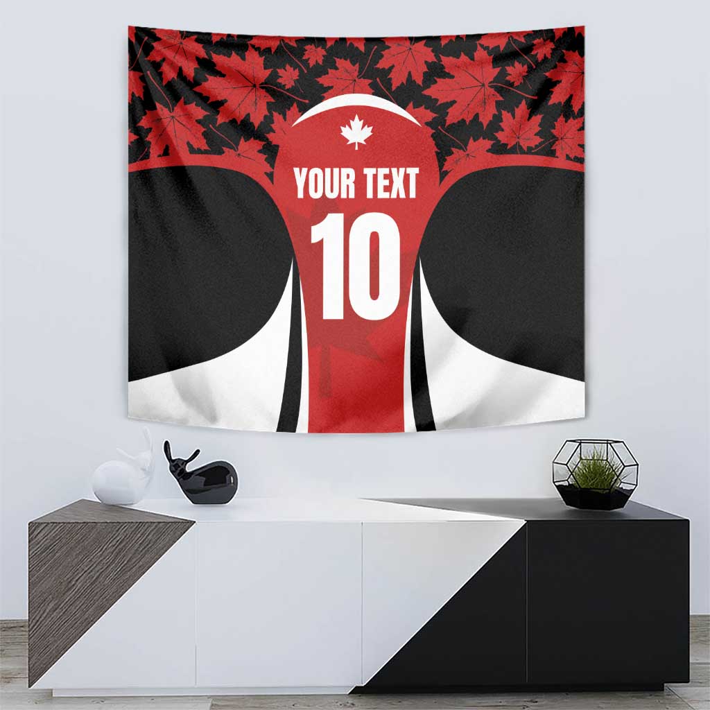 Red maple leaf rugby jersey tapestry with white emblem, 'Your Text' and number 10