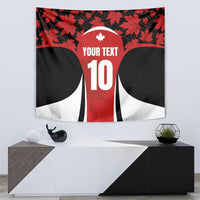 Red maple leaf rugby jersey tapestry with white emblem, 'Your Text' and number 10