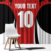 Close-up red black and white maple leaf jersey window curtain panel showing YOUR TEXT 10
