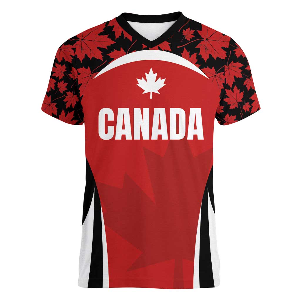 Custom Canada Pacific Rugby 2024 Women V-Neck T-Shirt Maple Pattern Jersey