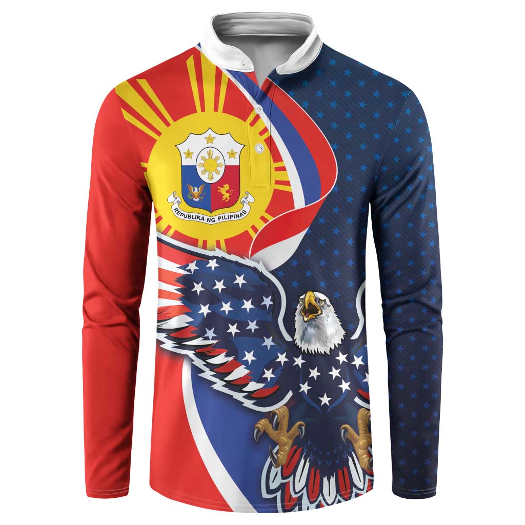 Crewneck button sweatshirt with red, blue, US stars eagle and Philippines flag graphic