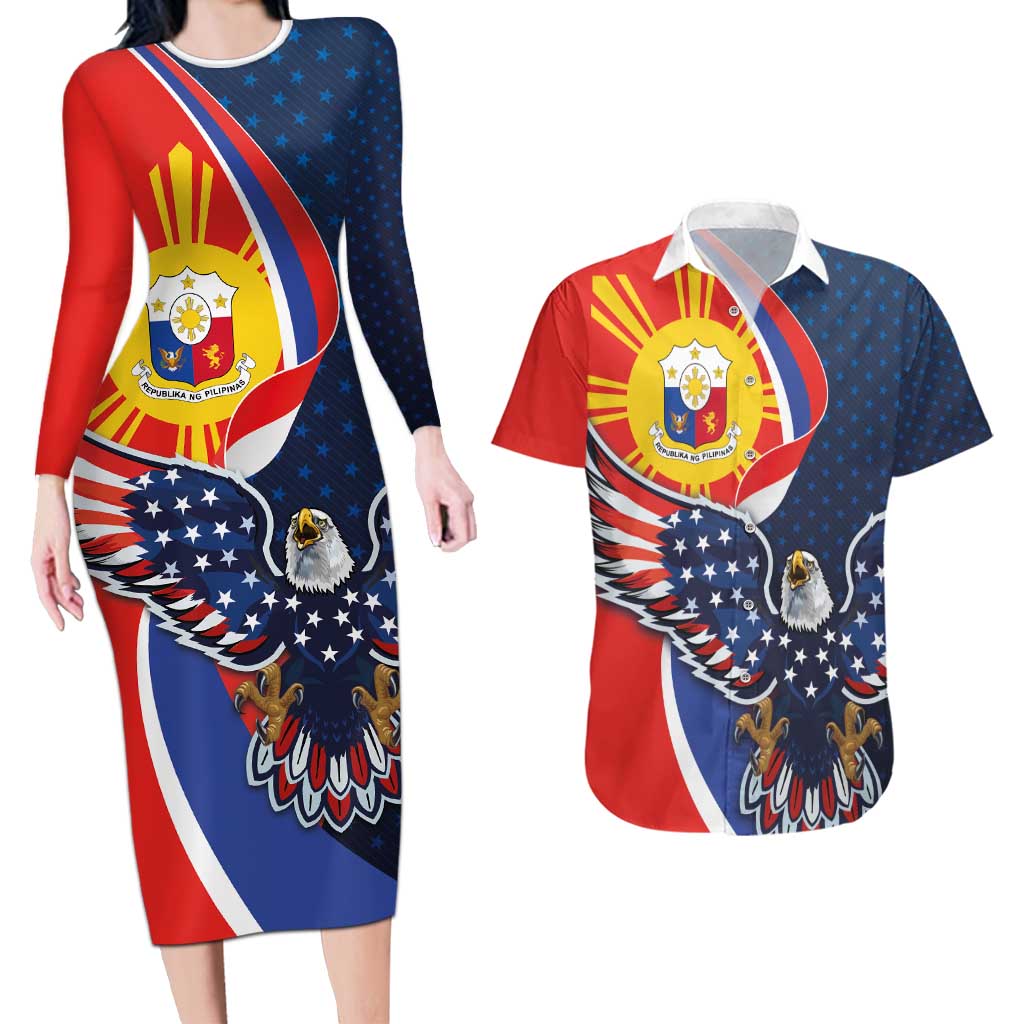 Filipino American History Month Couples Matching Long Sleeve Bodycon Dress and Hawaiian Shirt USA Eagle and Philippines Sun Symbol with National Flag - Wonder Print Shop