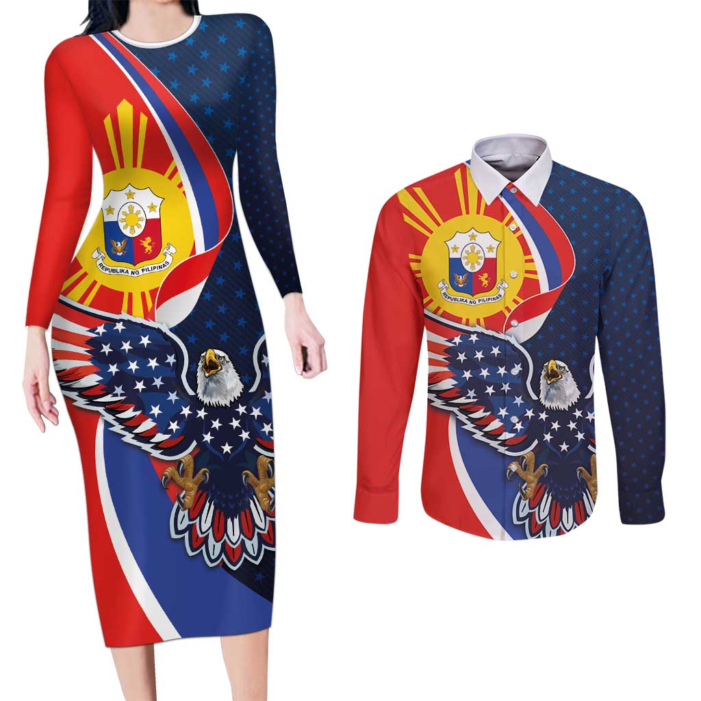 Filipino American History Month Couples Matching Long Sleeve Bodycon Dress and Long Sleeve Button Shirt USA Eagle and Philippines Sun Symbol with National Flag - Wonder Print Shop