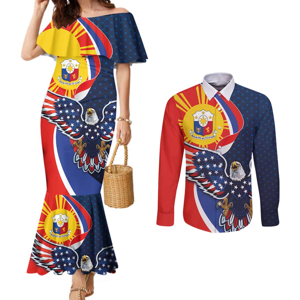 Filipino American History Month Couples Matching Mermaid Dress and Long Sleeve Button Shirt USA Eagle and Philippines Sun Symbol with National Flag