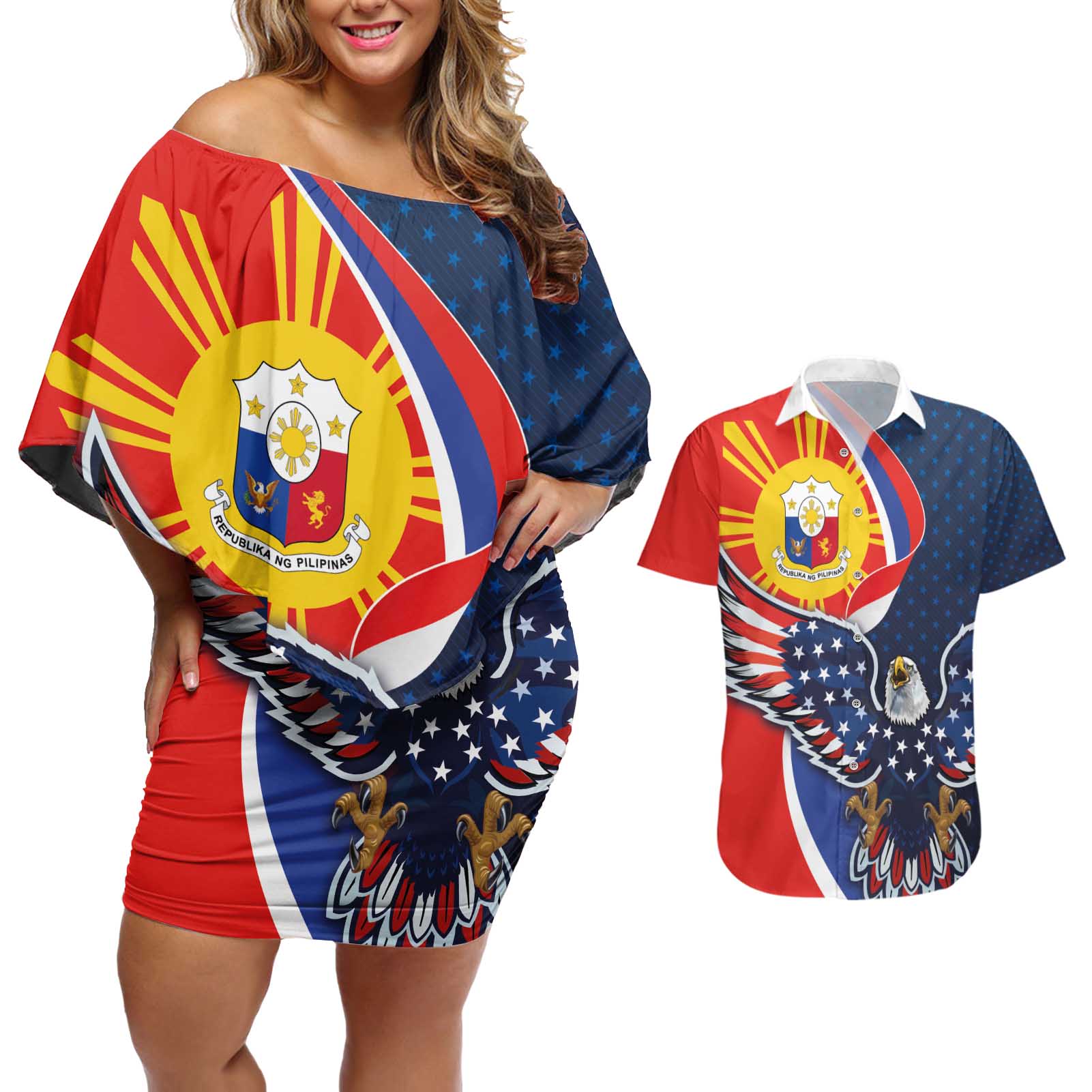 Filipino American History Month Couples Matching Off Shoulder Short Dress and Hawaiian Shirt USA Eagle and Philippines Sun Symbol with National Flag - Wonder Print Shop