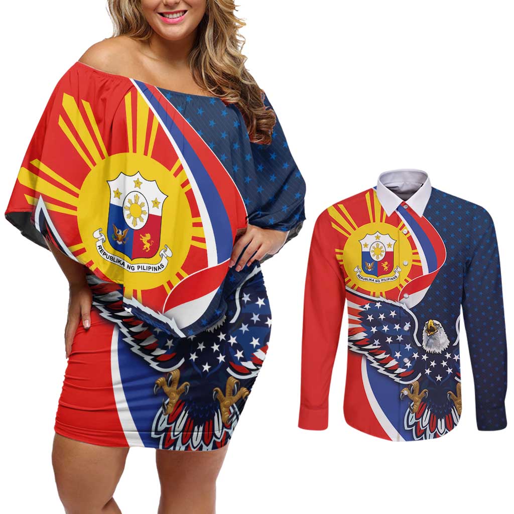 Filipino American History Month Couples Matching Off Shoulder Short Dress and Long Sleeve Button Shirt USA Eagle and Philippines Sun Symbol with National Flag - Wonder Print Shop