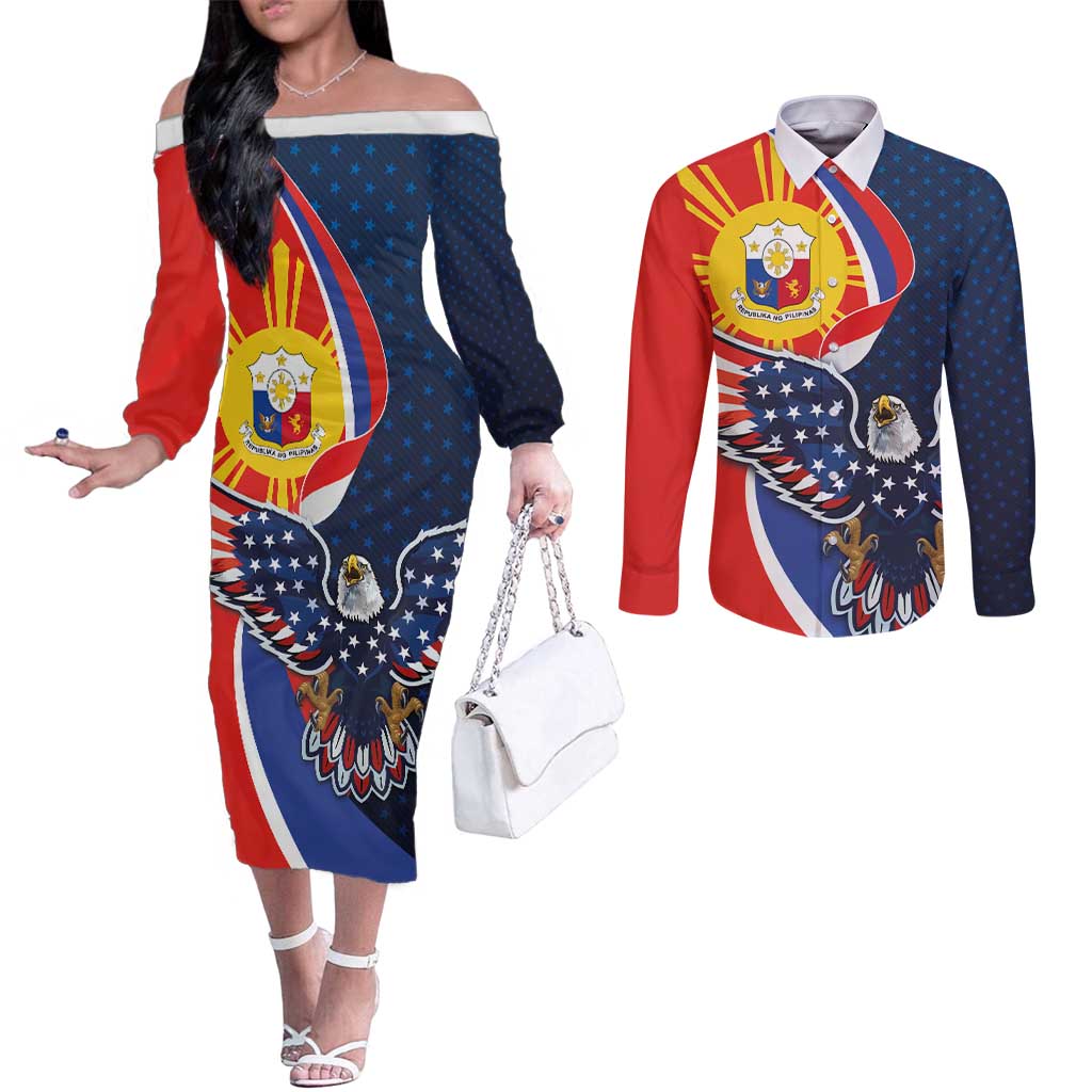 Filipino American History Month Couples Matching Off The Shoulder Long Sleeve Dress and Long Sleeve Button Shirt USA Eagle and Philippines Sun Symbol with National Flag