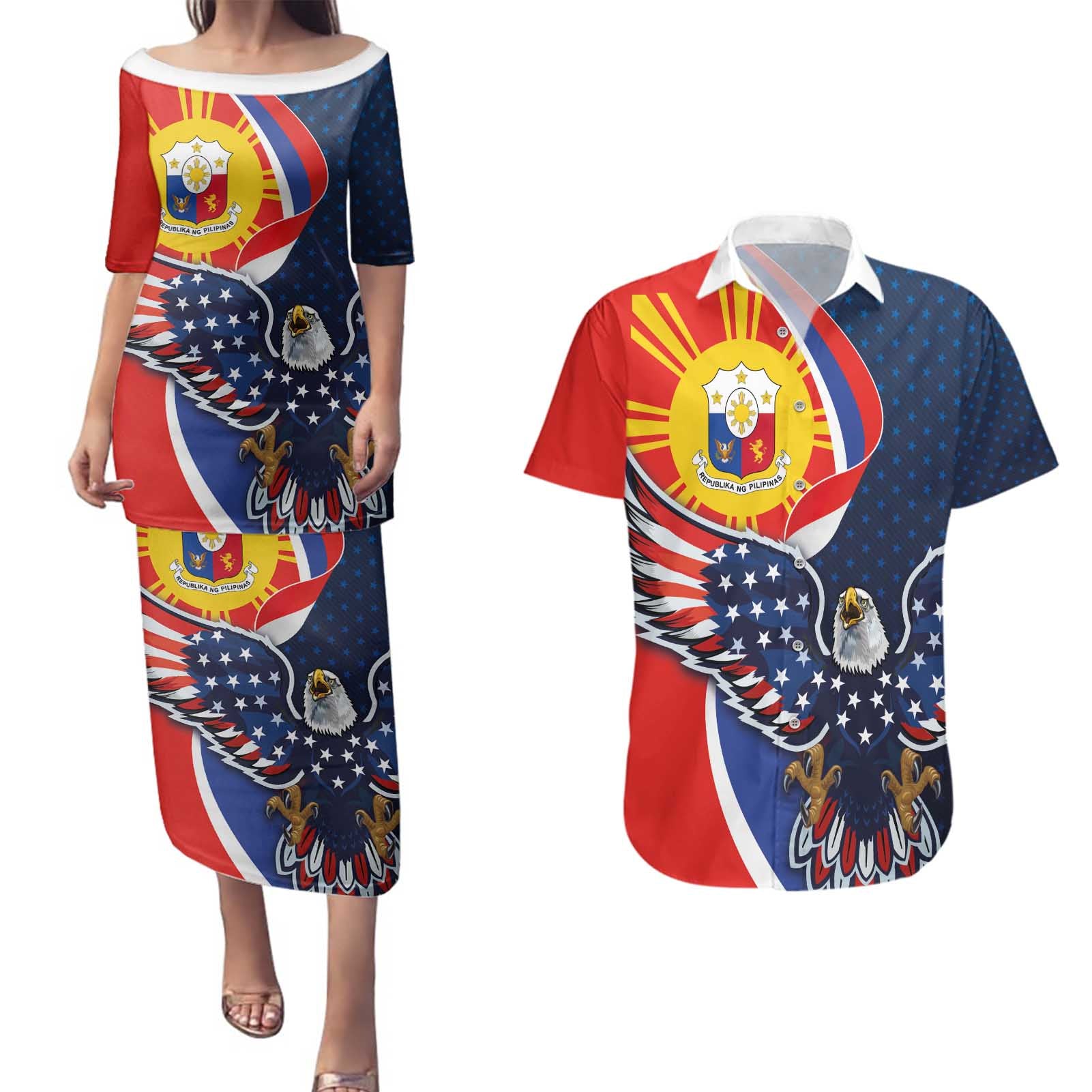 Filipino American History Month Couples Matching Puletasi and Hawaiian Shirt USA Eagle and Philippines Sun Symbol with National Flag - Wonder Print Shop